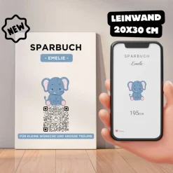 Digitales Sparbuch | Personalisiertes Geldgeschenk | QrCode Bild auf Leinwand 20x30cm | Motiv Elefant