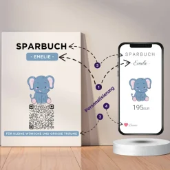 Digitales Sparbuch | Personalisiertes Geldgeschenk | QrCode Bild auf Leinwand 20x30cm | Motiv Elefant