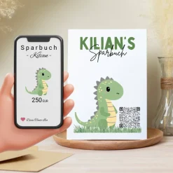 Digitales Sparbuch für Kinder – personalisierte Geschenkidee zur Geburt, Taufe, Einschulung, Kommunion | Dino