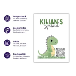 Digitales Sparbuch für Kinder – personalisierte Geschenkidee zur Geburt, Taufe, Einschulung, Kommunion | Dino
