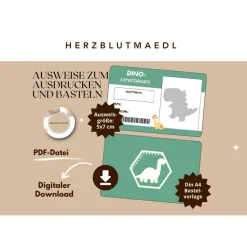 Dino Ausweis Bastelvorlage – Perfekt für Dino Kindergeburtstage oder Dinopartys - digitaler Download A4