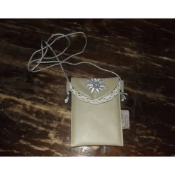 Dirndl Handytasche, Trachtenhandtäschchen aus beigem Kunstleder mit Edelweißstickerei
