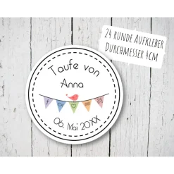 DIY Aufkleber personalisiert bunte Wimpelkette rund 24 Stück Taufe Kommunion Konfirmation Firmung Bat Mizwa
