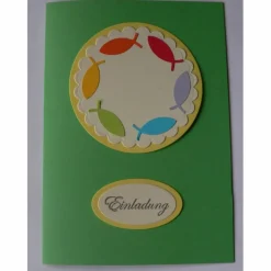 DIY Bastelset  - Einladung zur Kommunion mit Fischen in den Farben des Regenbogen selber basteln