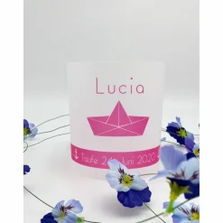 DIY Lichthülle mit blauem Faltboot Schiff personalisiert mit Namen zur Taufe Firmung Konfirmation Kommunion Bat Mizwa