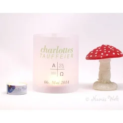 DIY Personalisiertes Windlicht Taufe mit christlichen Symbolen Kreuz Taube Wasser Alpha Omega grün