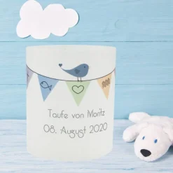 DIY Personalisiertes Windlicht zur Taufe Firmung Kommunion Konfirmation Bat Mizwa mit bunter Wimpelkette Junge Mädchen