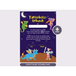 Drachen und Ritter Kindergeburtstags-Urkunde - Digitale PDF-Datei - Gastgeschenke Kindergeburtstag