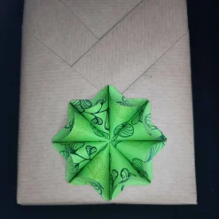Dreidimensionale Geschenkanhänger aus Papier mit grünen Blättern – Origami Blüte in zwei Farben
