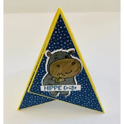 Dreieckige  POP-UP Grußkarte mit Hippo - Nilpferd   Handgefertigt