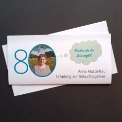 Drucksache witzige Einladung runder Geburtstag SEHTEST mit individuellem Foto und Text