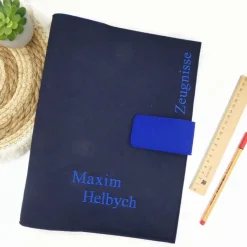 dunkelblaue Zeugnismappe mit eingesticktem Namen, Filz, Dokumentenmappe A4, Geschenke zur Einschulung