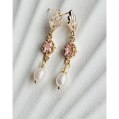 Echte Süßwasserperlen Ohrringe, Hochzeitschmuck Gold mit Zirkonia in Rosa,Braut Ohrringe,Vergoldete Ohrringe, Brautschmu