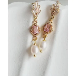 Echte Süßwasserperlen Ohrringe, Hochzeitschmuck Gold mit Zirkonia in Rosa,Braut Ohrringe,Vergoldete Ohrringe, Brautschmu