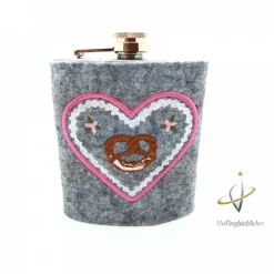 Edelstahl Flachmann bestickt 200 ml Flachmannhülle Schnapsflasche Wiesnherz Lebkuchenherz Brezel Edelweiß Wandern Oktoberfest Weihnachten Frauenflachmann Bayern JGA