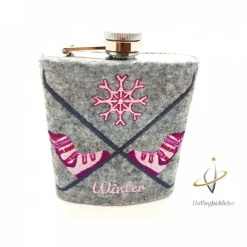 Edelstahl Flachmann bestickt 200 ml Ski Skifahren Hüttenzauber Apres Ski Skihaserl  Schnapsflasche Hammer Schraubenschlüssel Hausmeister Weihnachten Frauenflachmann