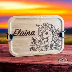 Edelstahl Lunchbox Einhorn mit Bambus Deckel/Personalisiert/Büro/Kindergarten/Einschulung/ Brotdose mit Namen/Kita