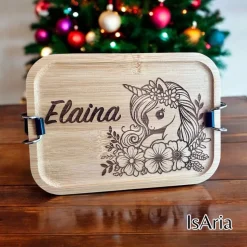 Edelstahl Lunchbox Einhorn mit Bambus Deckel/Personalisiert/Büro/Kindergarten/Einschulung/ Brotdose mit Namen/Kita