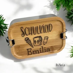 Edelstahl Lunchbox Schulkind mit Bambus Deckel/Personalisiert/Geschenk Einschulung/ Brotdose mit Namen/Schulanfang