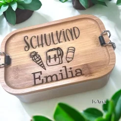 Edelstahl Lunchbox Schulkind mit Bambus Deckel/Personalisiert/Geschenk Einschulung/ Brotdose mit Namen/Schulanfang