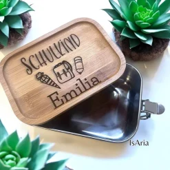 Edelstahl Lunchbox Schulkind mit Bambus Deckel/Personalisiert/Geschenk Einschulung/ Brotdose mit Namen/Schulanfang