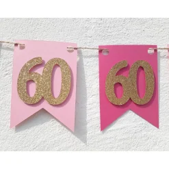 Edle Girlande zum 60. Geburtstag in Pink, Rosa und Gold. Trendige Farben mit glitzernden Zahlen. Geburtstagsdeko Partyde