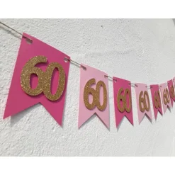 Edle Girlande zum 60. Geburtstag in Pink, Rosa und Gold. Trendige Farben mit glitzernden Zahlen. Geburtstagsdeko Partyde
