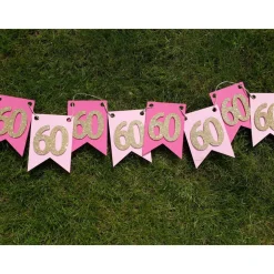 Edle Girlande zum 60. Geburtstag in Pink, Rosa und Gold. Trendige Farben mit glitzernden Zahlen. Geburtstagsdeko Partyde