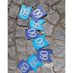 Edle Girlande zum 60. Geburtstag in Blau und Silber. Hochwertige Wimpelkette als Dekoration zum Geburtstag. Handgefertig