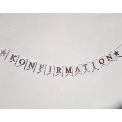 Edle Girlande zur Konfirmation, auf Wunsch personalisiert. Gold und Weiß.