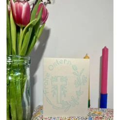 Edle Osterkarte "Frohe Ostern" | Kreuz im Blütenkranz | Handgefertigt in Grün oder Creme