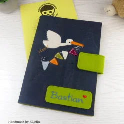 edle U-Heft Hülle aus Kork, personalisiert, Storch, Geschenke zur Geburt, Geschenkidee Taufe