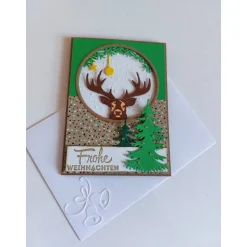 Edle Weihnachtskarte grün/braun mit Hirsch – Klappkarte mit Glitzer & geprägtem Kuvert