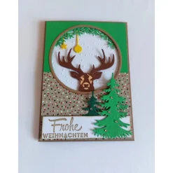 Edle Weihnachtskarte grün/braun mit Hirsch – Klappkarte mit Glitzer & geprägtem Kuvert