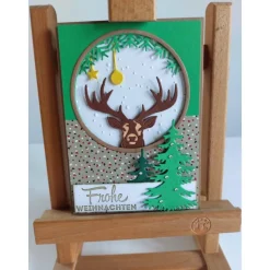 Edle Weihnachtskarte grün/braun mit Hirsch – Klappkarte mit Glitzer & geprägtem Kuvert