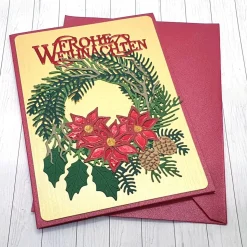 Edle Weihnachtskarte Weihnachtsstern-Kranz A6 mit rotem Umschlag & Perlmuttschimmer