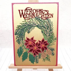 Edle Weihnachtskarte Weihnachtsstern-Kranz A6 mit rotem Umschlag & Perlmuttschimmer