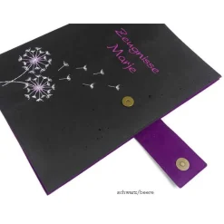 edle Zeugnismappe A4, personalisiert, Kork, mit eingestickter Pusteblume, Geschenke zur Einschulung, Patenkind, Mädchen