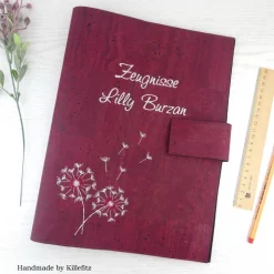 edle Zeugnismappe A4, personalisiert, Kork, mit eingestickter Pusteblume, Geschenke zur Einschulung