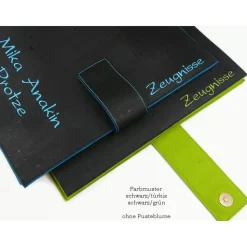 edle Zeugnismappe A4, personalisiert, Kork, mit eingestickter Pusteblume, Geschenke zur Einschulung