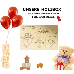 Eine personalisierte Baby-Erinnerungskiste mit einem niedlichen Teddybären – das ideale Holzgeschenk zur Geburt.