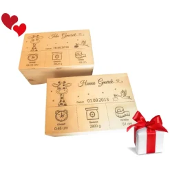 Eine personalisierte Baby-Erinnerungskiste mit einem niedlichen Giraffenmotiv – das perfekte Holzgeschenk zur Geburt.