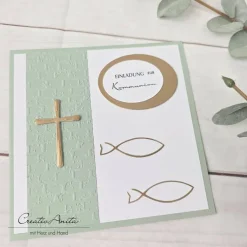 Einladung Einladungskarte zur Kommunion, Konfirmation oder Taufe in Eukalypthus-Gold - Christlich