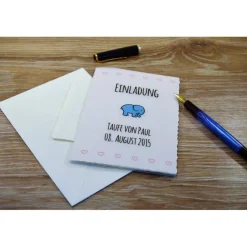 Einladung Taufe mit Namen für Jungen kleiner blauer Elefant