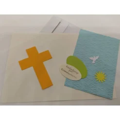Einladung zur Kommunion DIY-Karte mit Kreuz, Taube, Sonne und geprägten Fischen