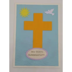 Einladung zur Kommunion DIY-Karte mit Kreuz, Taube, Sonne und geprägten Fischen