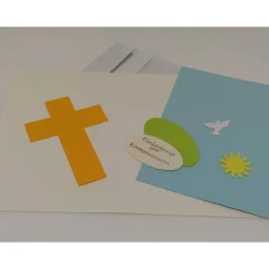 Einladung zur Kommunion DIY-Karte mit Kreuz, Taube, Sonne und geprägten Fischen