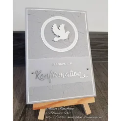 Einladungskarte: Einladung zur Konfirmation ~ Motiv: Taube ~ in Grau, Weiß und Silber ~ 10,5 x 14,85 cm