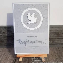 Einladungskarte: Einladung zur Konfirmation ~ Motiv: Taube ~ in Grau, Weiß und Silber ~ 10,5 x 14,85 cm