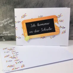 Einladungskarte Einschulung – Schulanfang Design Schiefertafel mit Einlegeblatt & Umschlag